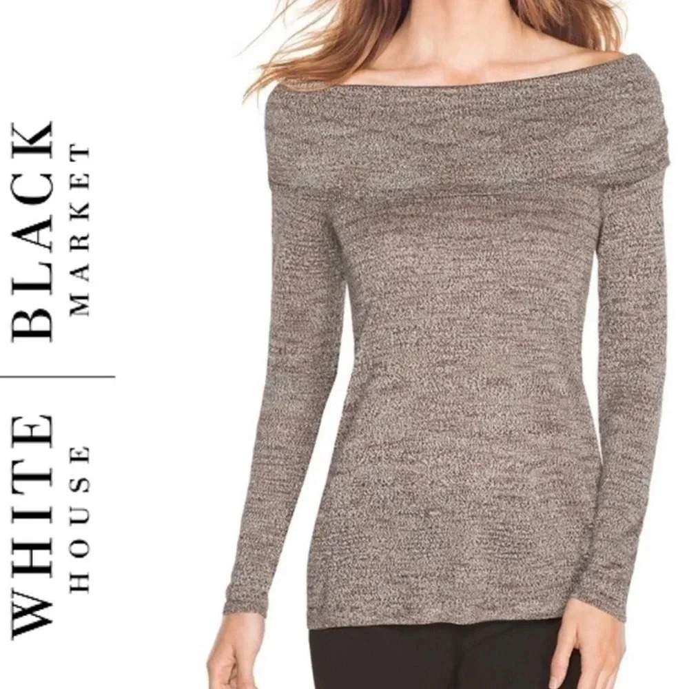 WHBM Space Dye Metallic Off The Shoulder Cowl Sweater Heather Oatmeal Sz XS NWT
